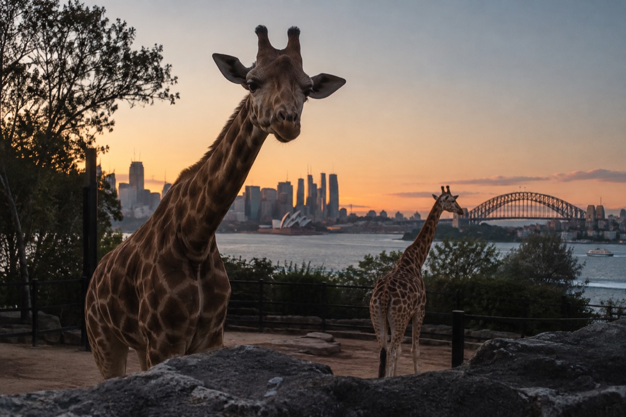 Giraffes standing in a zoo enclosure with Sydney Harbour and the city skyline behind them