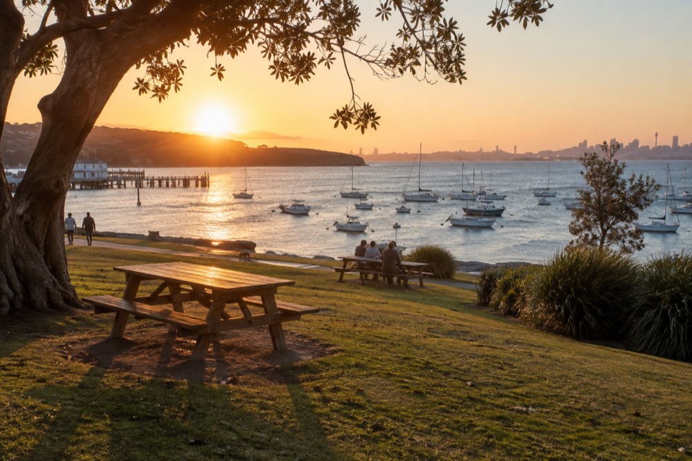 Waterfront parkland with picnic tables and boats anchored in the bay beyond