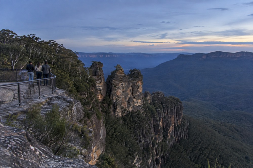 The Three Sisters rock formation seen from a sandstone lookout above the Jamison Valley