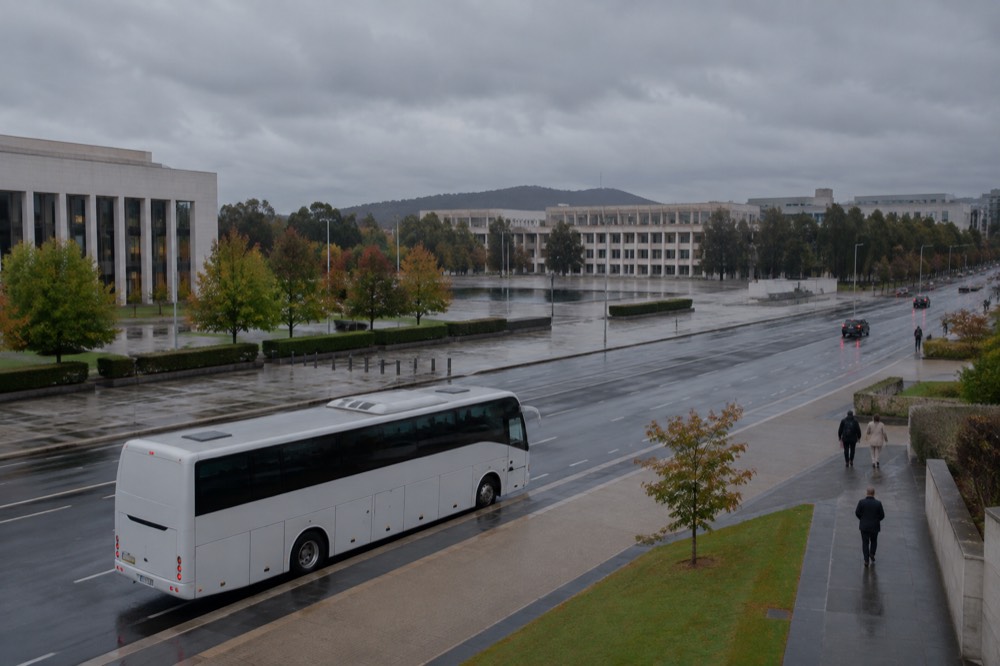 Coach parked on a wide city avenue with modern government buildings in the background