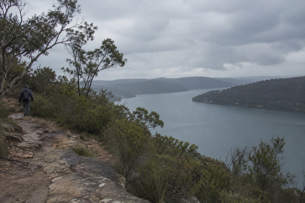 A walking track along a sandstone ridge overlooking a wide river bend