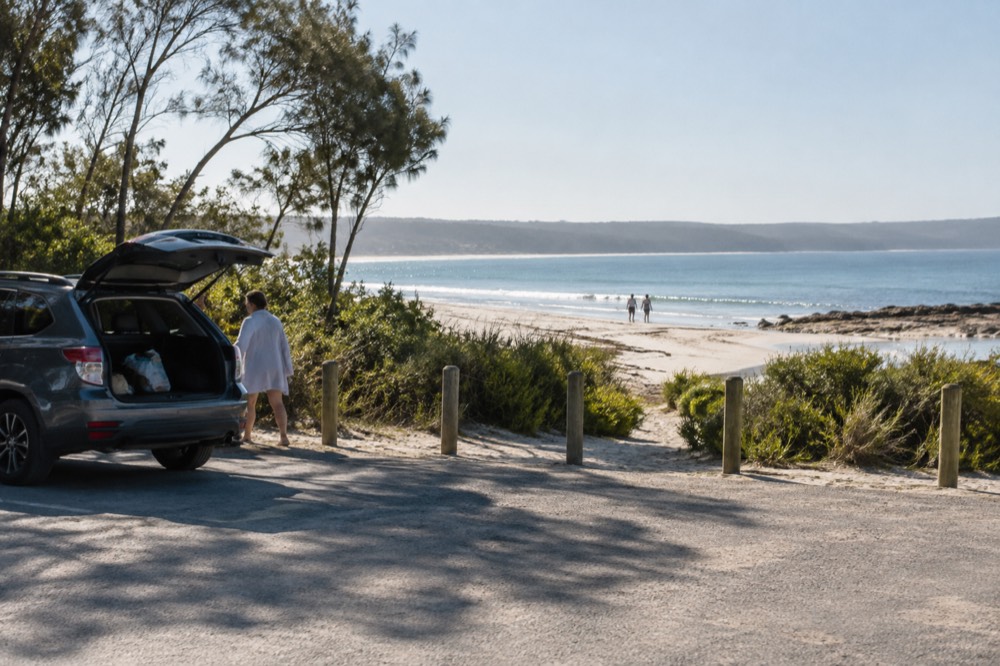 A parking area beside a white sand beach with low coastal scrub and clear morning light