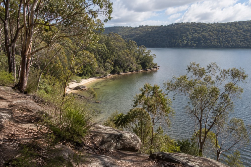 A quiet bush beach with calm water and a distant headland