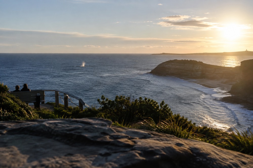 Whale spout offshore beyond a headland viewed from a coastal lookout