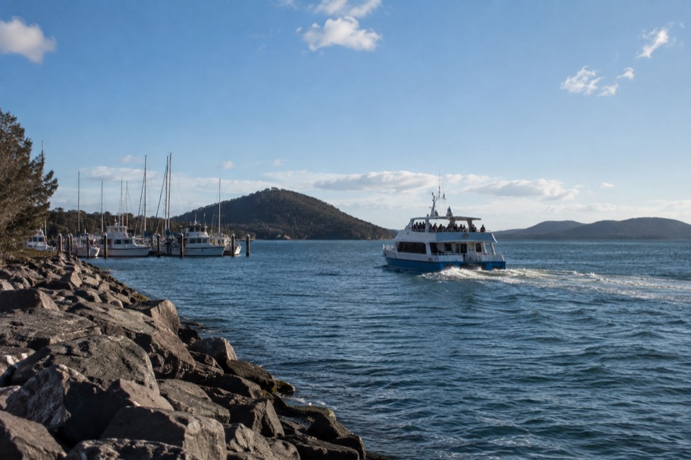 A tour boat leaving a marina across calm bay water toward open headlands