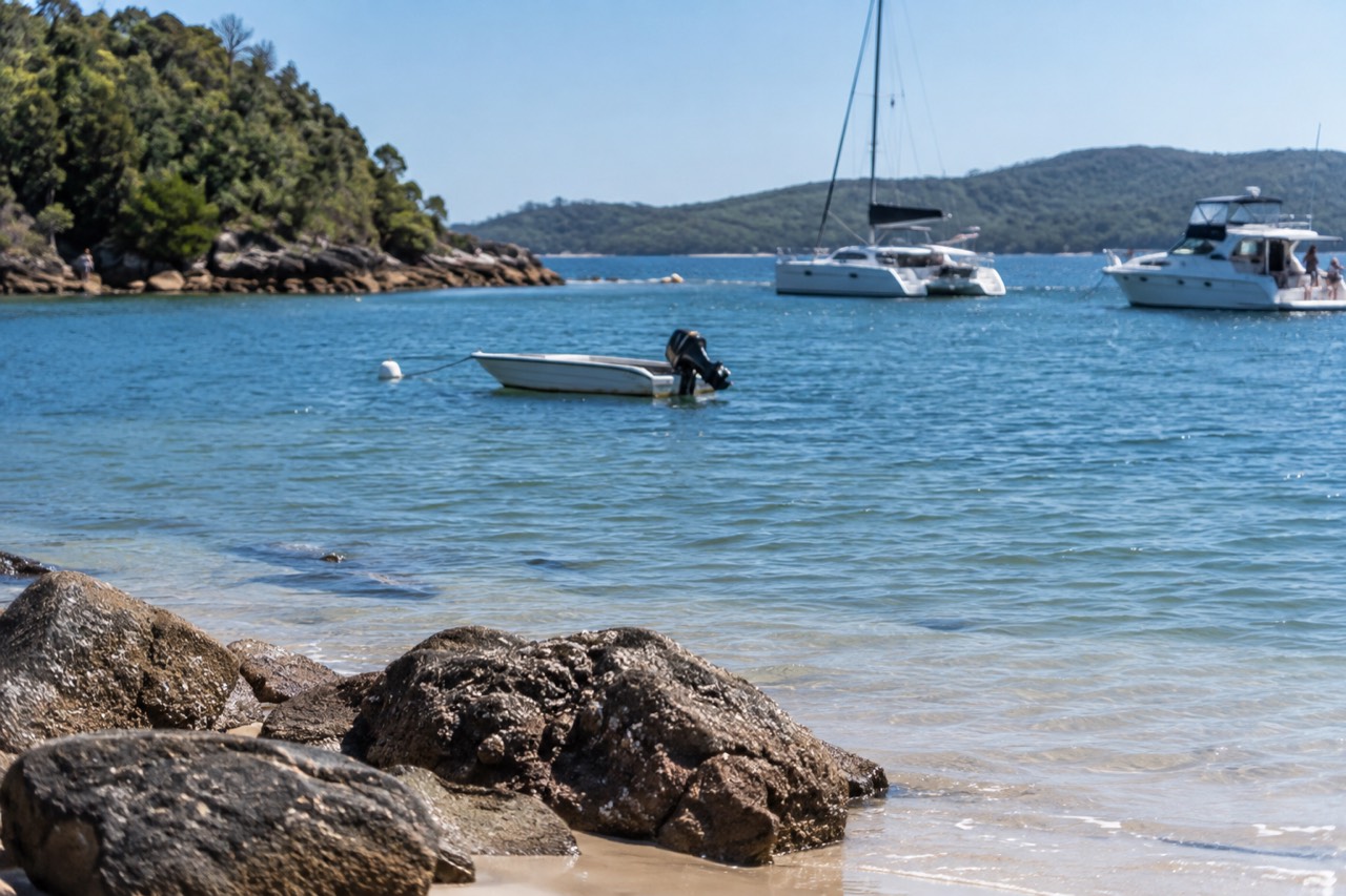 Sheltered blue water of a bay with wooded headlands under a clear sky