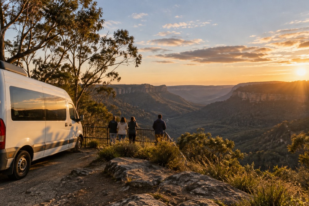 A small tour van parked at a cliff lookout above a wide forested valley