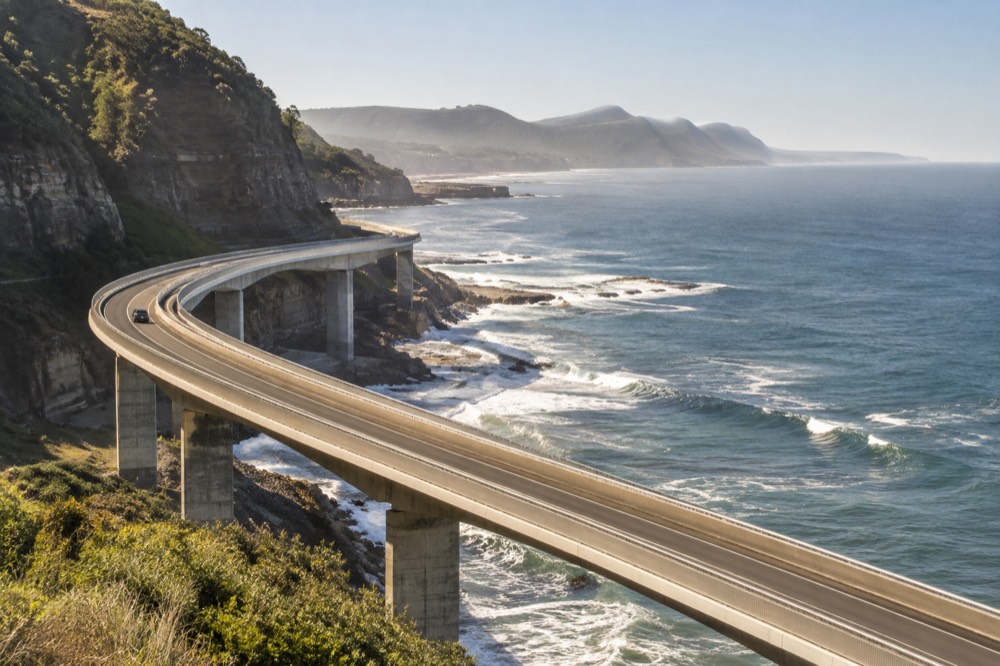 A curved road bridge extending over the ocean with waves breaking beneath the deck