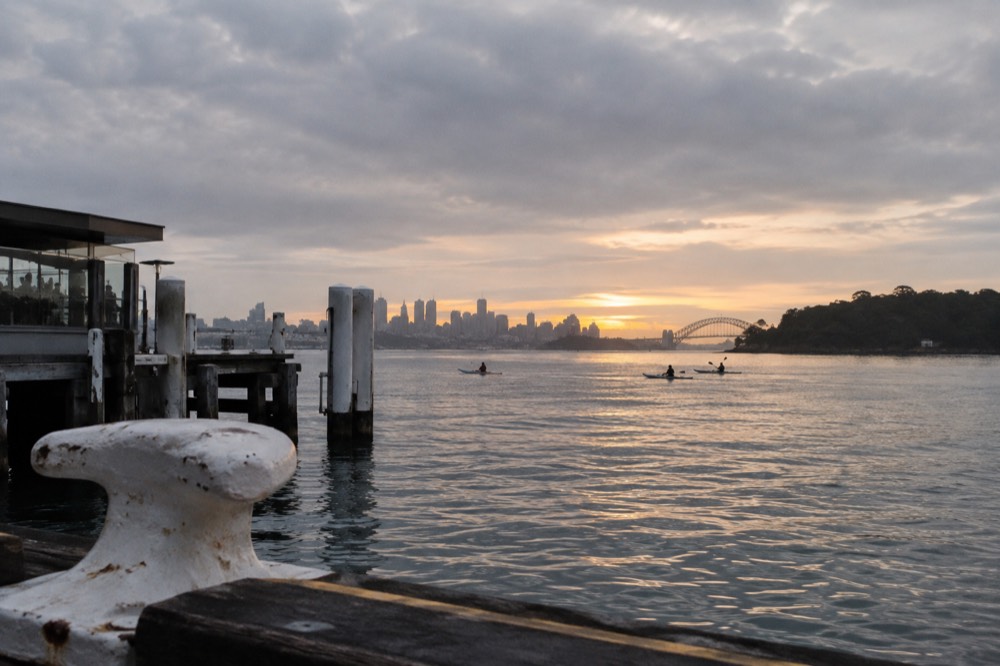 Calm harbour water at sunrise with kayaks near a wooded headland and distant city skyline