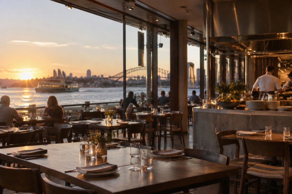 A modern Australian restaurant dining room with an open kitchen and warm evening light