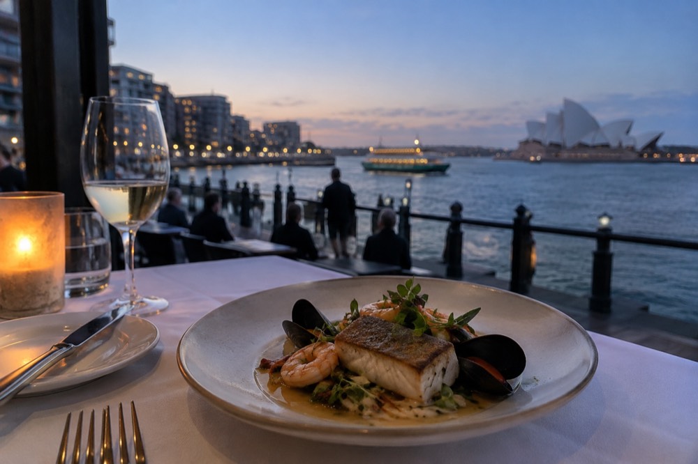 An elegant plated seafood dish on a linen tablecloth in a fine dining restaurant