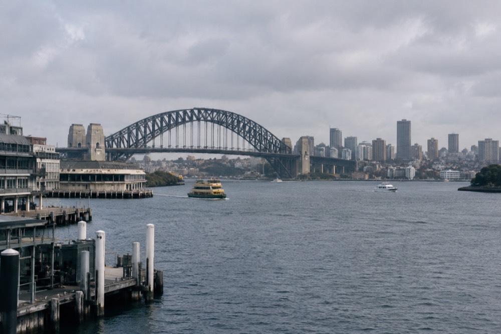 Looking north over the harbour bridge and city skyline from a Darling Harbour vantage point