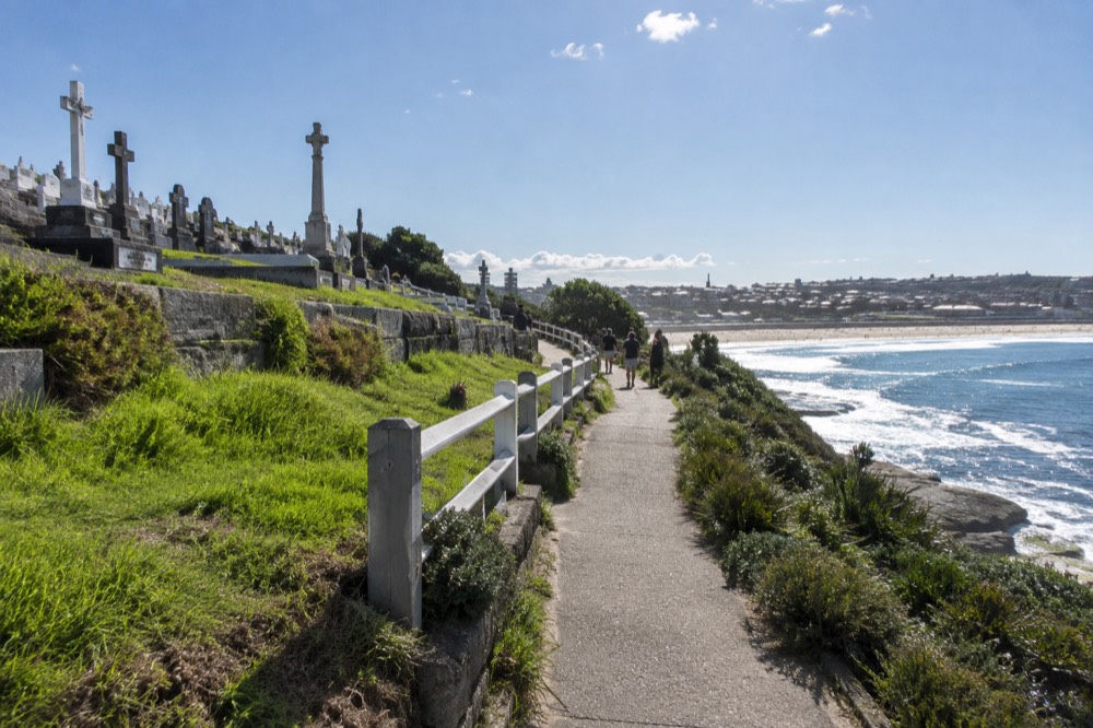 The coastal path above Waverley Cemetery with graves on the clifftop and ocean beyond