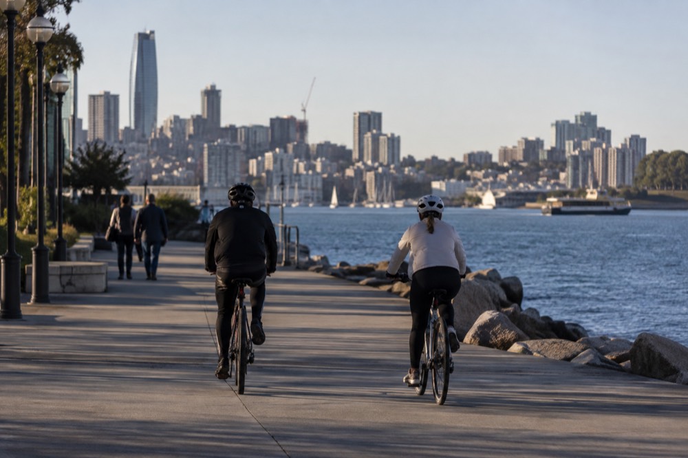 Cyclists on a wide shared path beside Sydney Harbour at Pyrmont