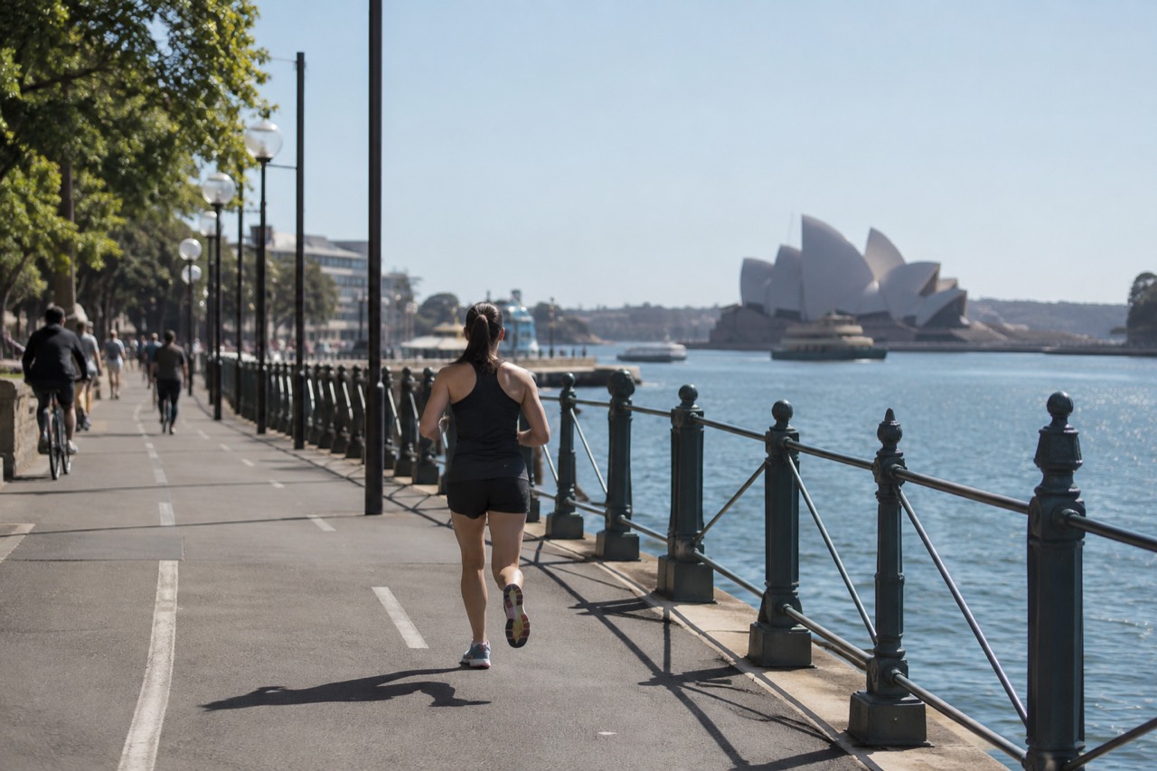 A shared cycling path along Sydney Harbour with the Opera House in the distance