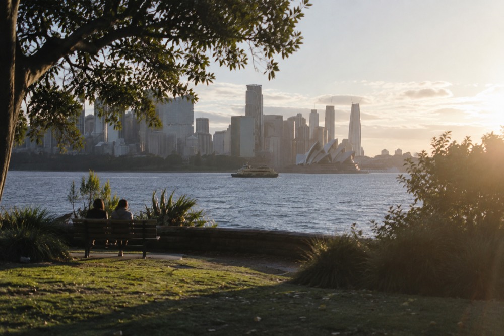 Harbour view from the Royal Botanic Garden toward the Opera House and city skyline