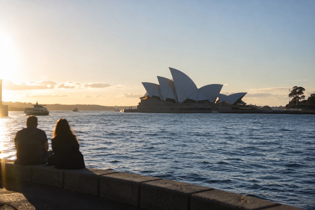 Sydney Opera House sails seen across Circular Quay harbour water on a clear morning