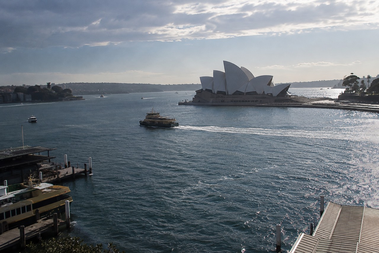 Sydney Opera House sails seen across Circular Quay on a clear morning