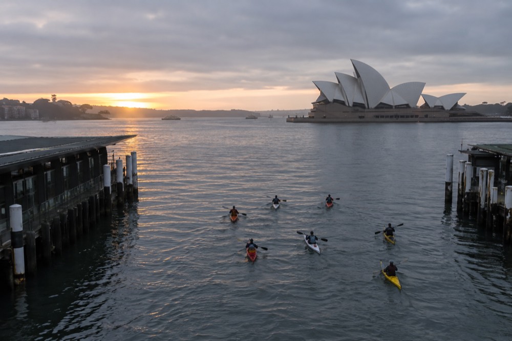 A group of kayakers paddling in formation at sunrise with the Sydney Opera House in the distance