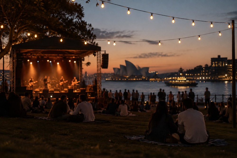 An outdoor stage at dusk with string lights above a harbour-side lawn