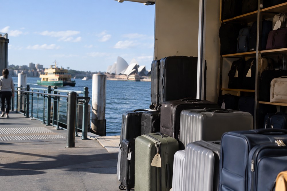 A storage counter with stacked suitcases and shelves of tagged bags inside a shop