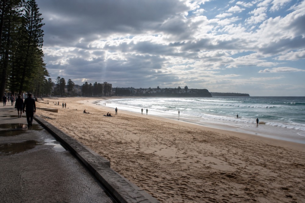 A wide surf beach with a promenade and a headland at one end