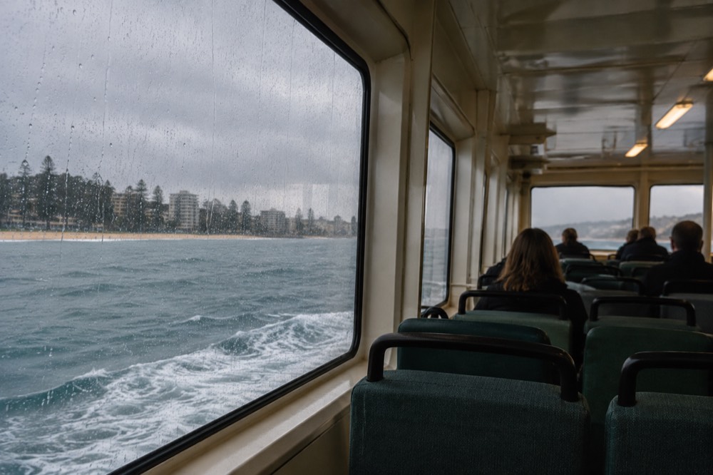 A ferry cabin interior with rows of seats and rain-streaked windows