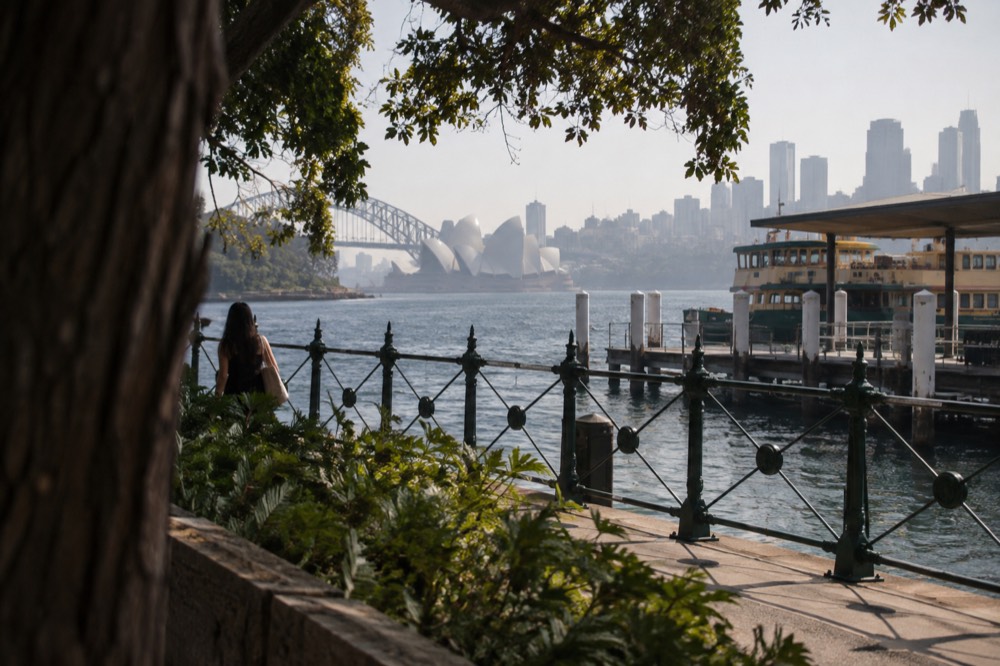 Tree-lined garden path beside harbour water with city towers in the distance