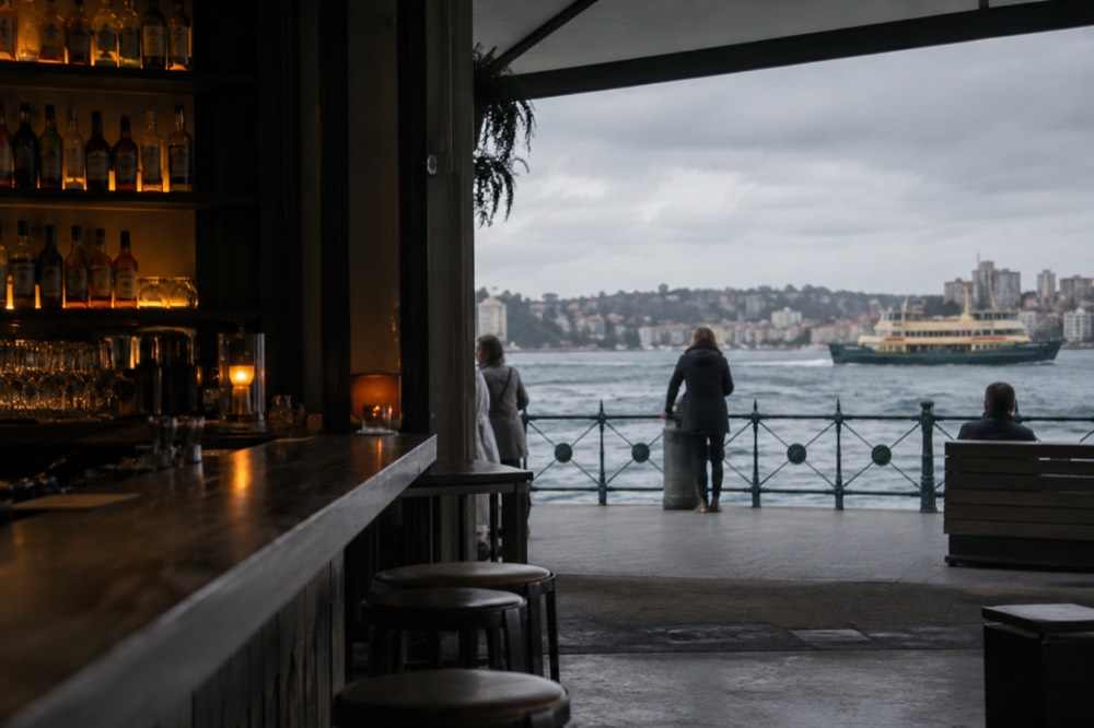 A dimly lit small bar interior with a timber counter, backlit bottle shelves and empty stools