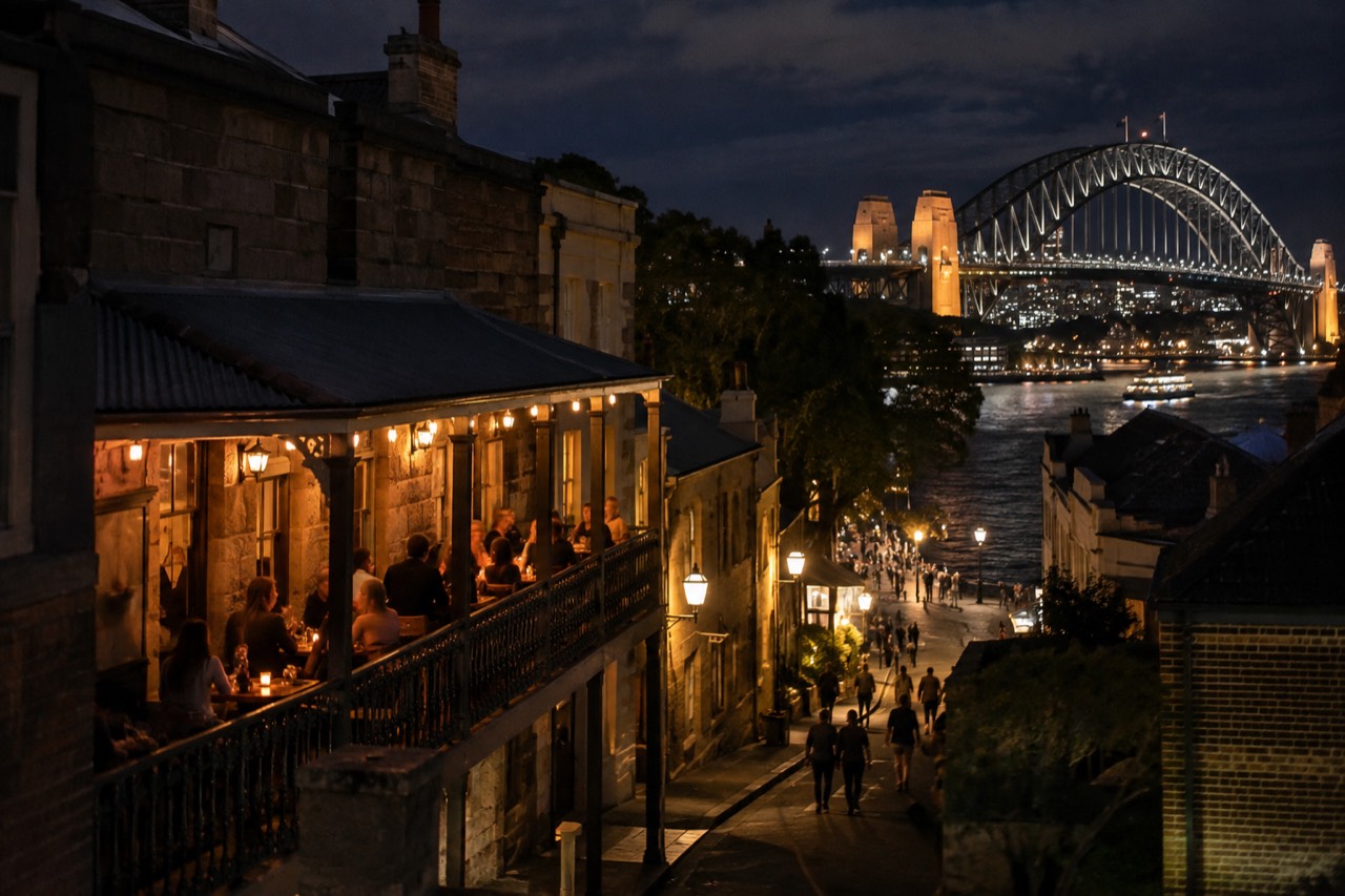 Warm evening light over a heritage pub verandah in The Rocks with the illuminated Sydney Harbour Bridge behind it