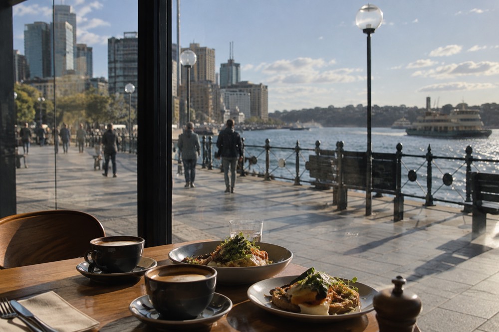 A café table with brunch plates and coffee seen through a window with a city street beyond