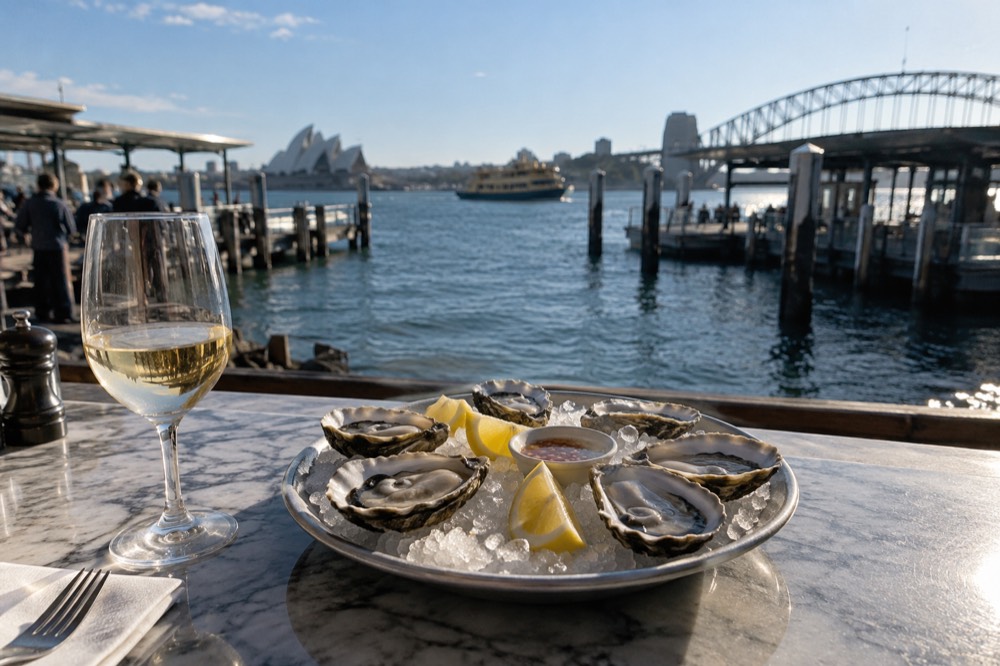Sydney rock oysters on ice with lemon wedges on a marble bar top