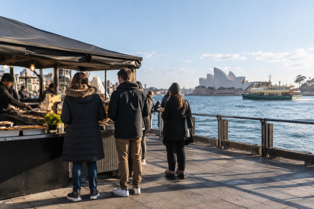 Small group of people sampling dishes at a food stall counter