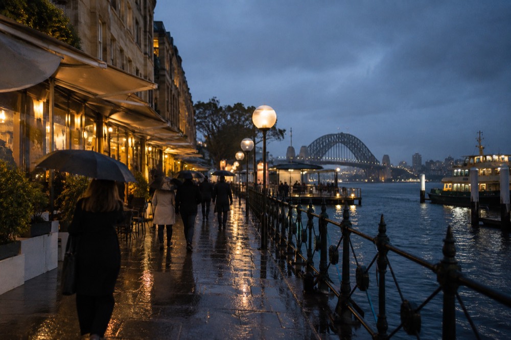 Rain-washed sandstone laneway with glowing shopfronts and umbrellas