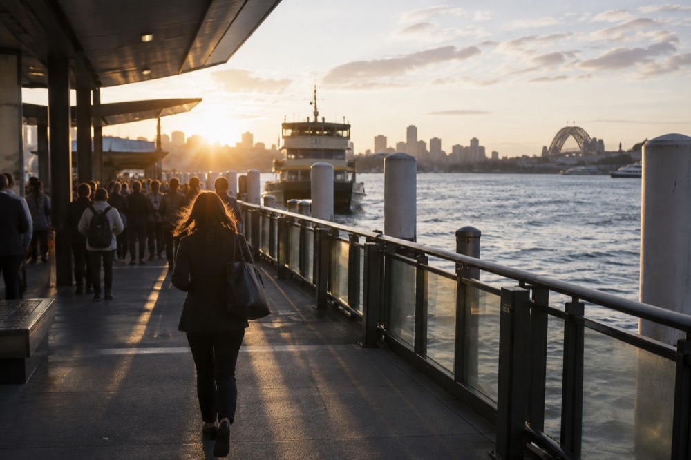 A Sydney train station platform with a crowd of passengers waiting for an evening service
