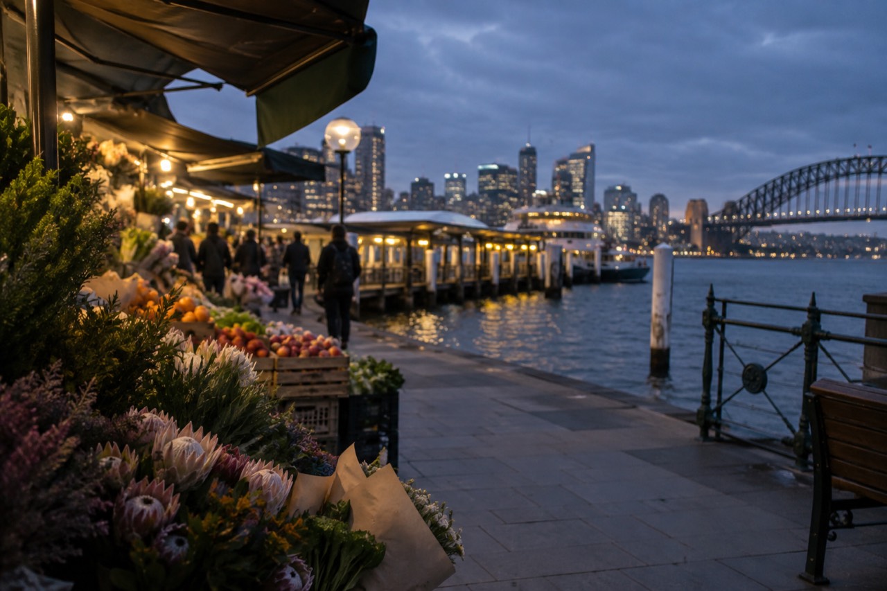 Market stalls with fresh produce and flowers under awnings beside a harbour skyline