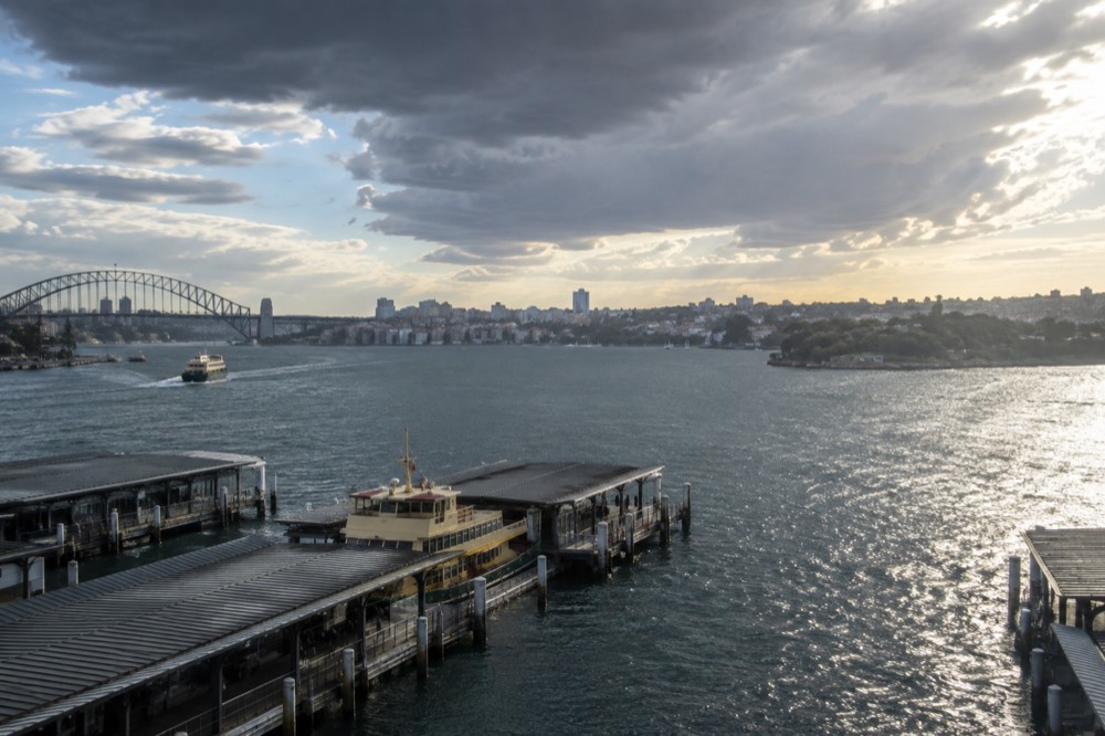 View from a high observation deck across Sydney Harbour toward the eastern suburbs