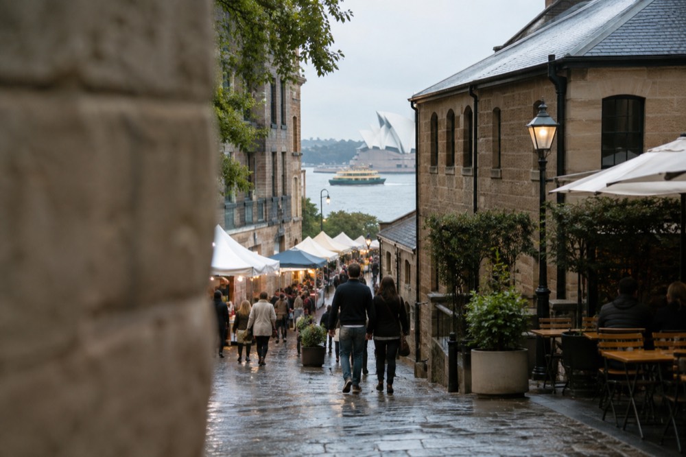 Sandstone laneway in The Rocks with heritage pubs and weekend market stalls