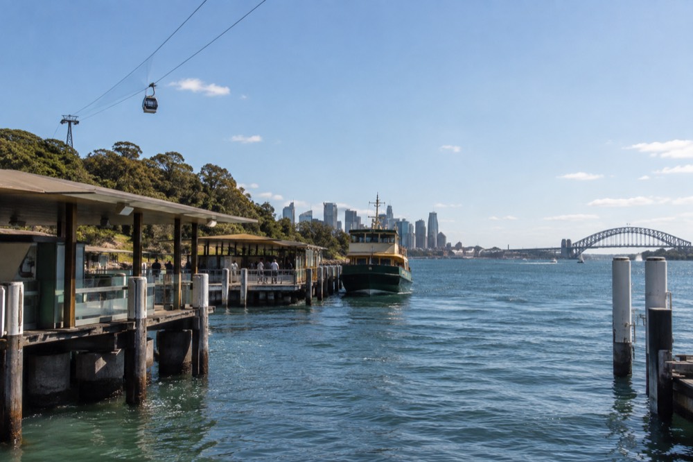 A cable car rising over a zoo hillside with harbour water and city towers in the background