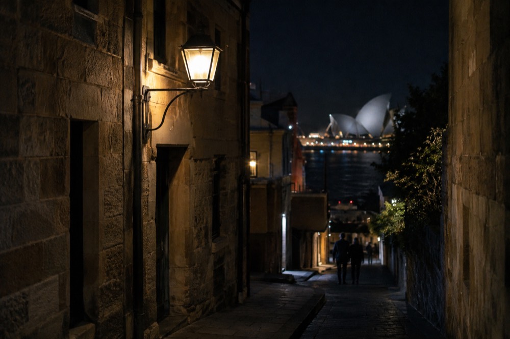 A narrow sandstone lane in The Rocks lit by a single lantern at night