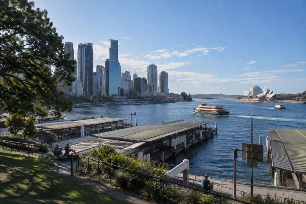 View over Sydney city towers from a harbour-side park with the Opera House in the distance