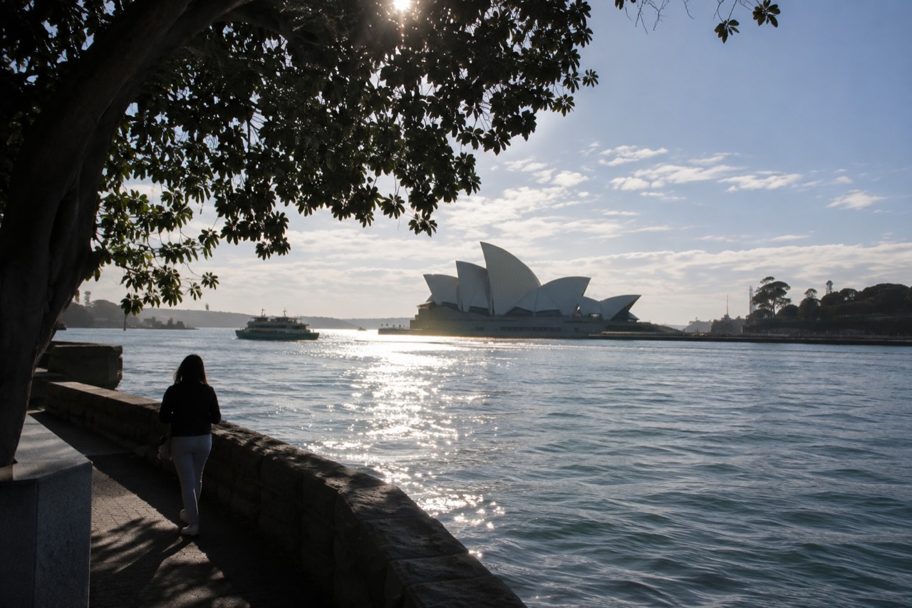 Sydney Opera House white sails seen across Circular Quay on a clear morning