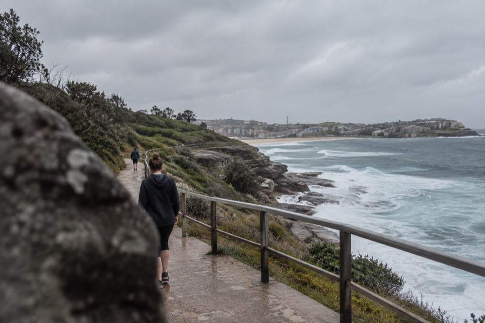 The Bondi to Coogee coastal path curving above the ocean cliffs