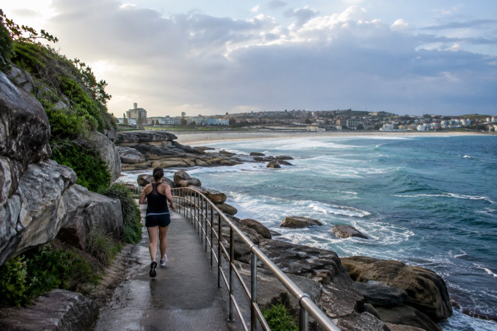 Sandstone cliffs and walking path along the Bondi to Coogee coastal walk