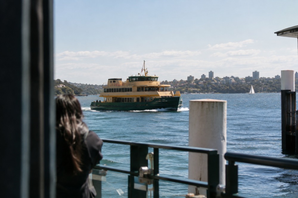 A Sydney ferry crossing the harbour towards Taronga Zoo wharf