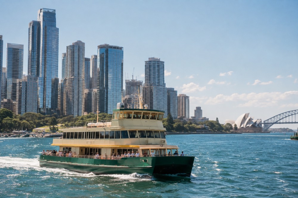 A ferry crossing Sydney Harbour in bright summer light with the city skyline behind it