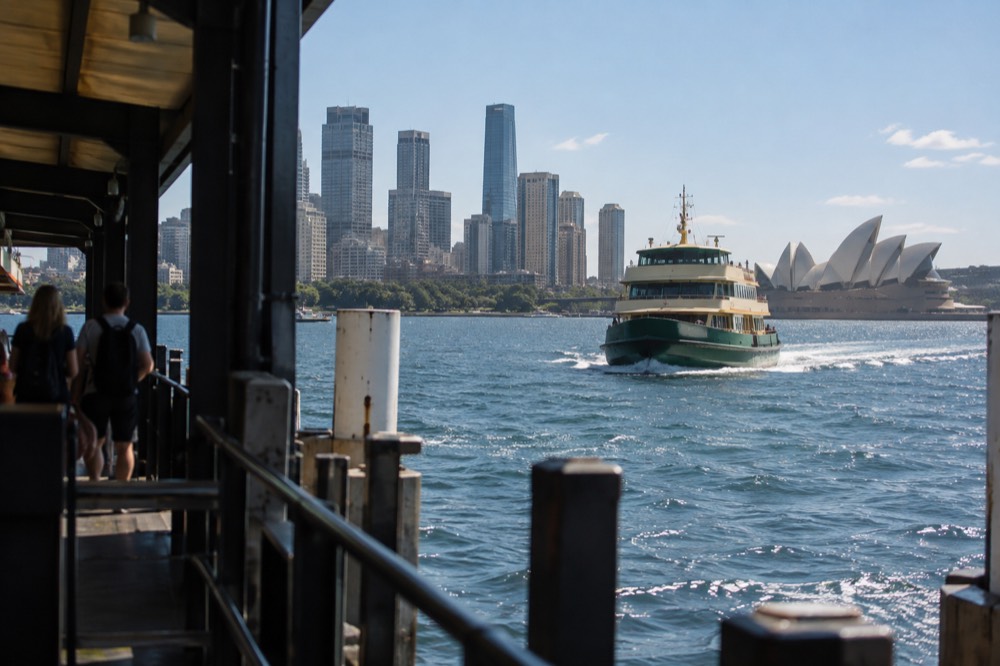 A green and cream ferry crossing blue harbour water toward the city skyline