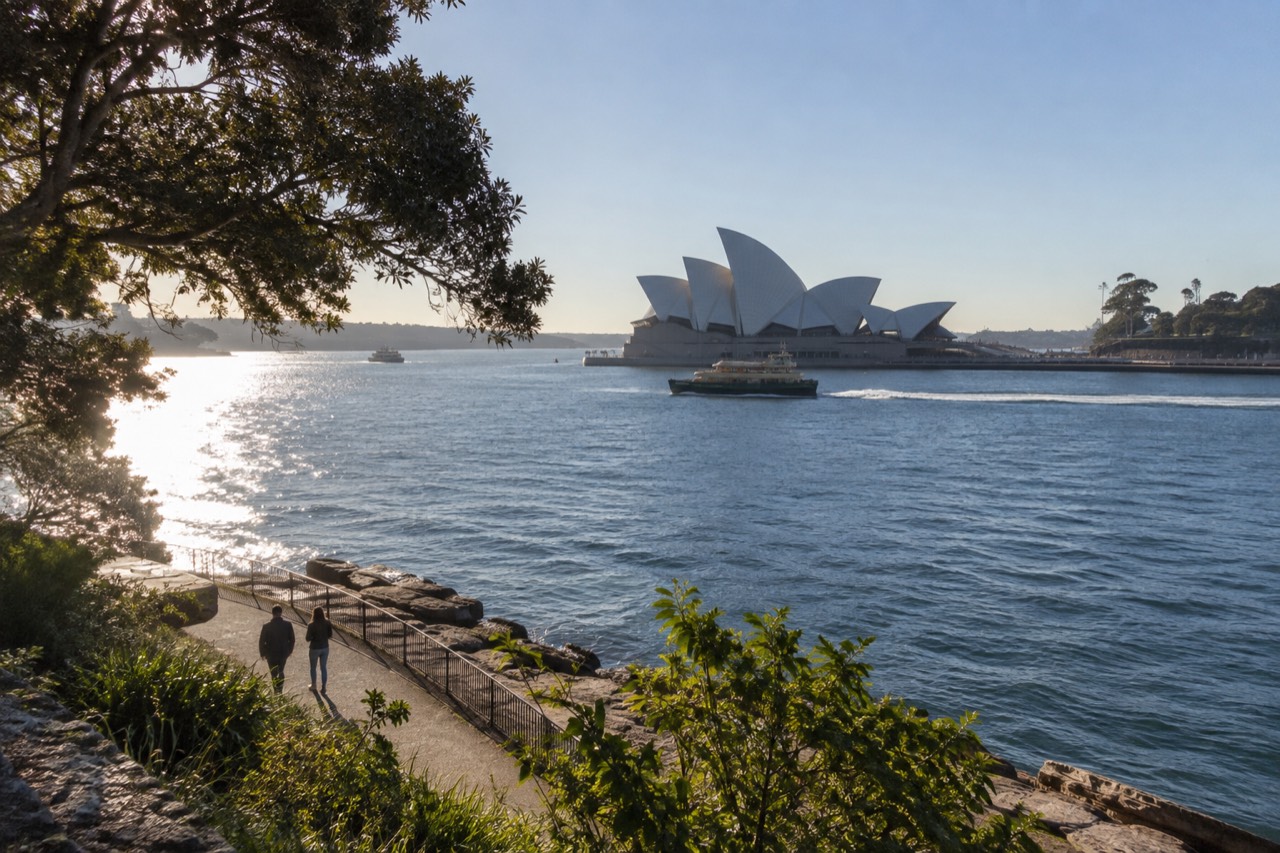 Sydney Opera House sails seen across the water on a clear winter morning