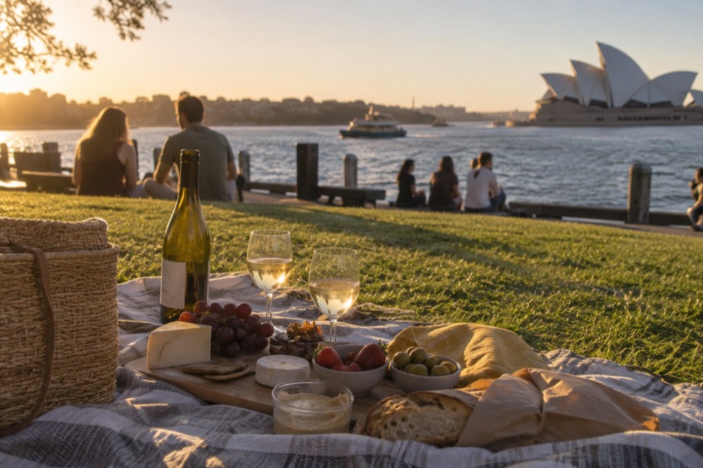 A picnic spread on a blanket at a harbourside park in late afternoon sun