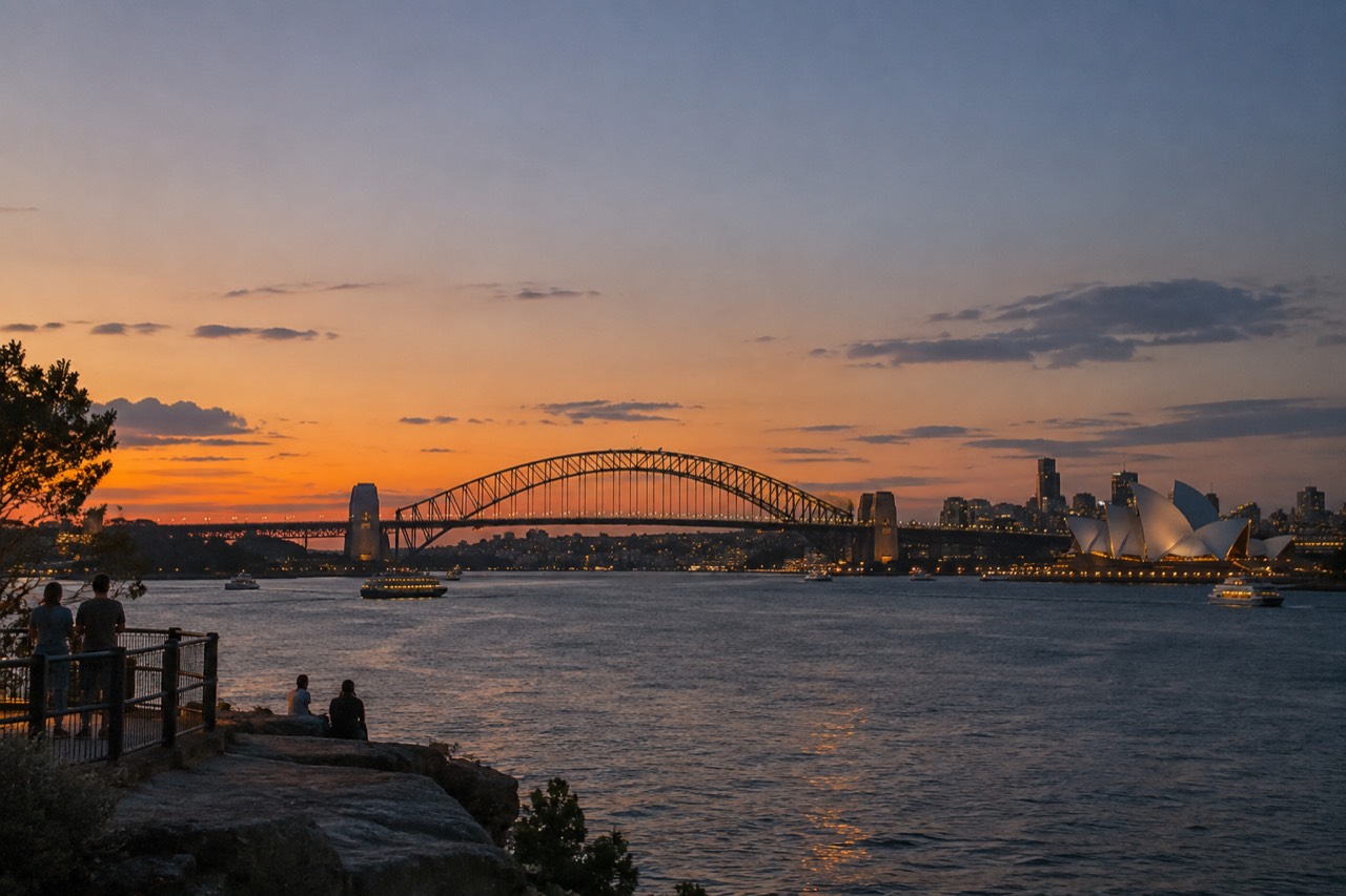 Sydney Opera House and harbour bridge at dusk with city lights reflecting on the water
